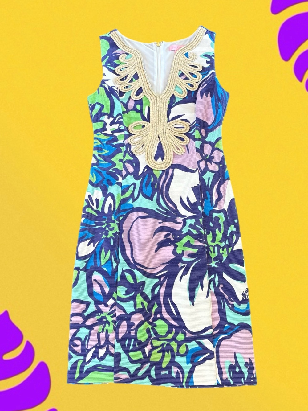 Lilly Pulitzer Floral Shift Dress XS Gold Embroidered Trim Purple Green